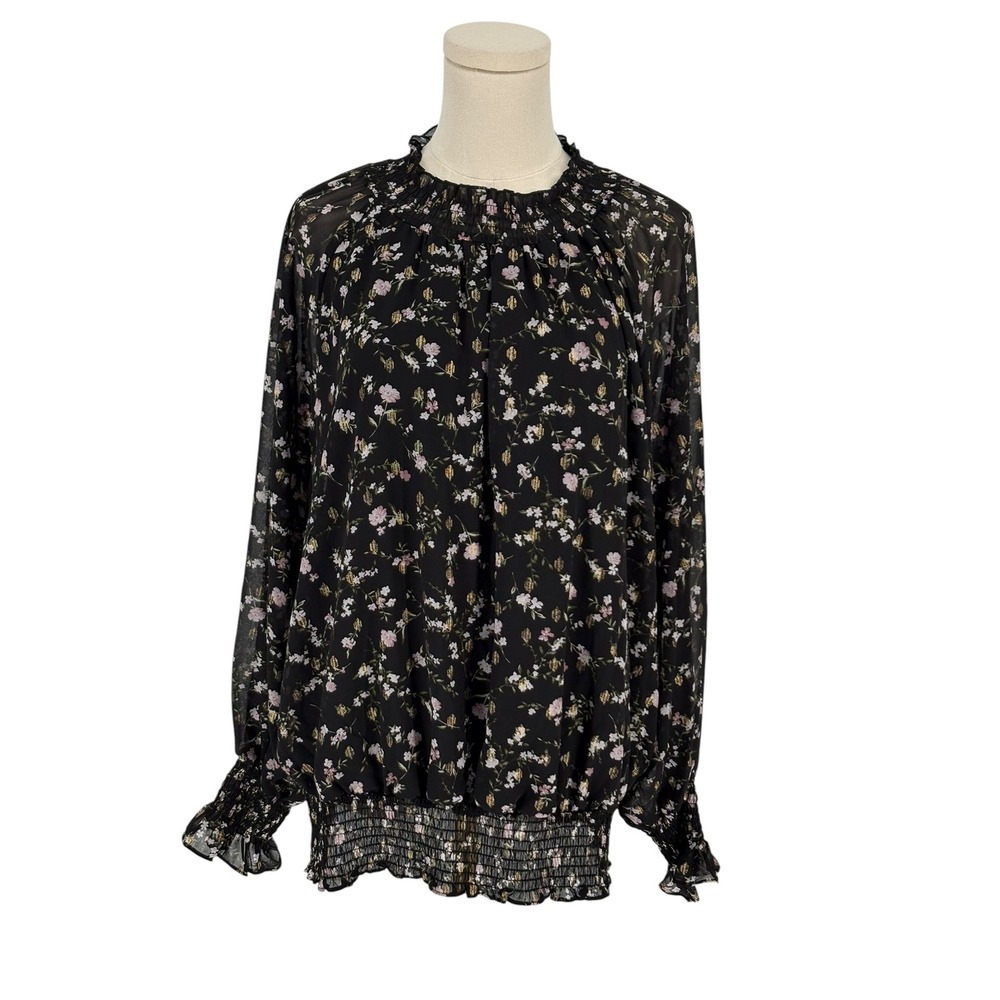 Ophelia Roe Blouse Black Floral Gold Metallic Smocked Top 1X